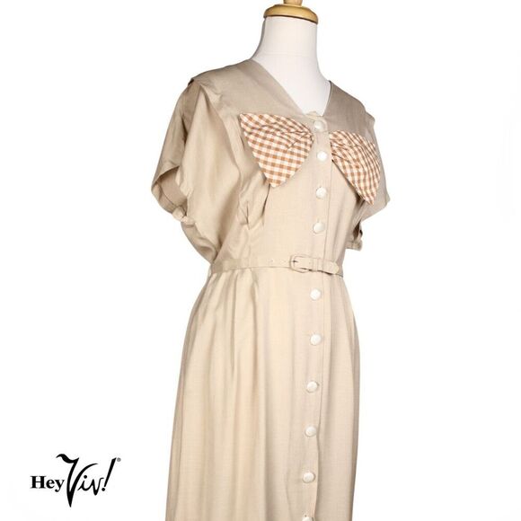 Vintage Reloms Dress Tan w Big Brown and White Check Bow Sz M B38 W34 - Hey Viv - Picture 2 of 9